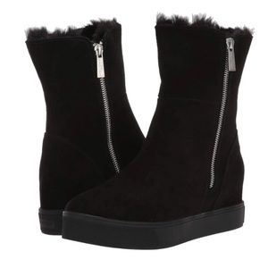 J/SLIDES Winnie Wedge Ankle Boots Black Faux Fur Lined Size 6